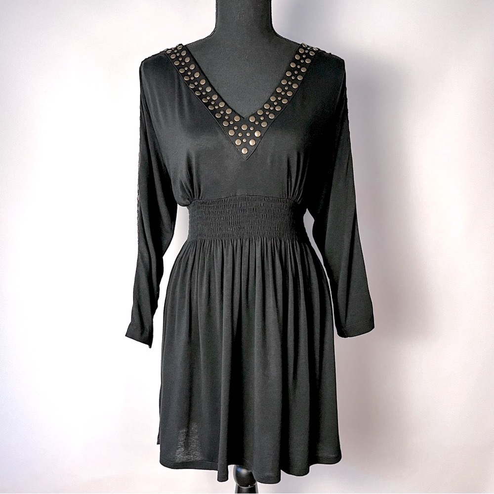 Studded black dress, lightweight stretchy fabric, size L